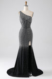 Glittrande Svart Mermaid One Shoulder Korsett Balklänning