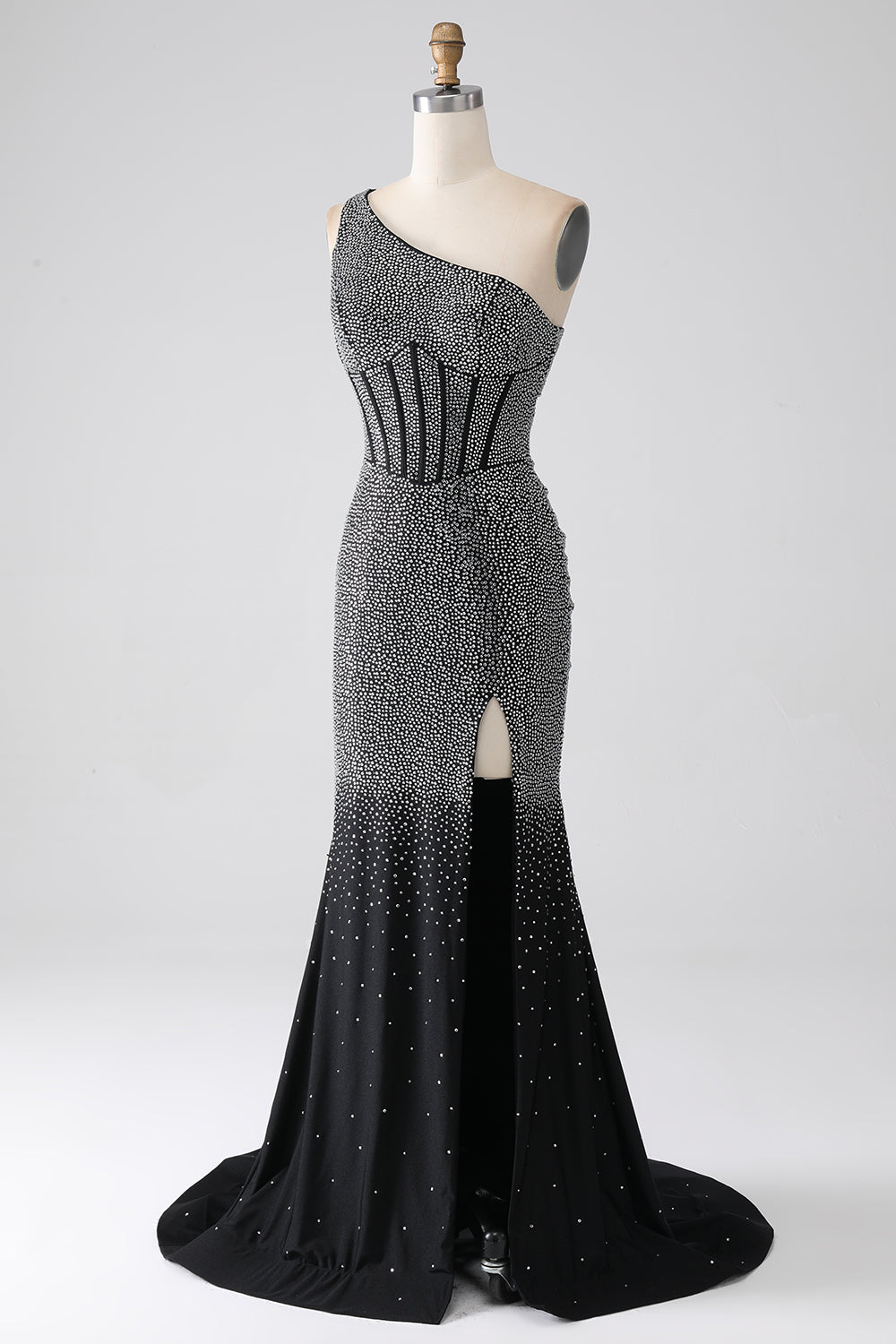 Glittrande Svart Mermaid One Shoulder Korsett Balklänning