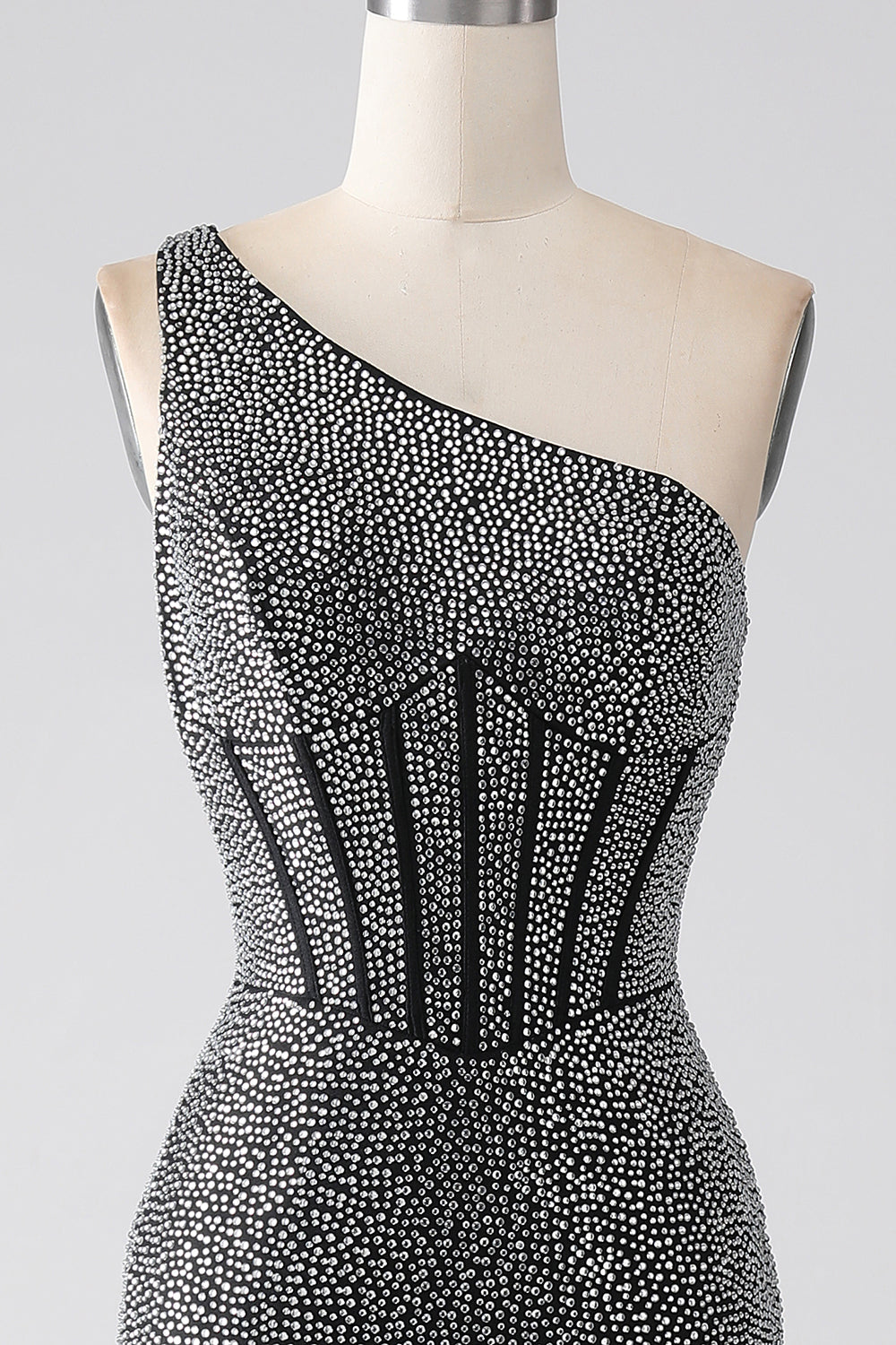 Glittrande Svart Mermaid One Shoulder Korsett Balklänning