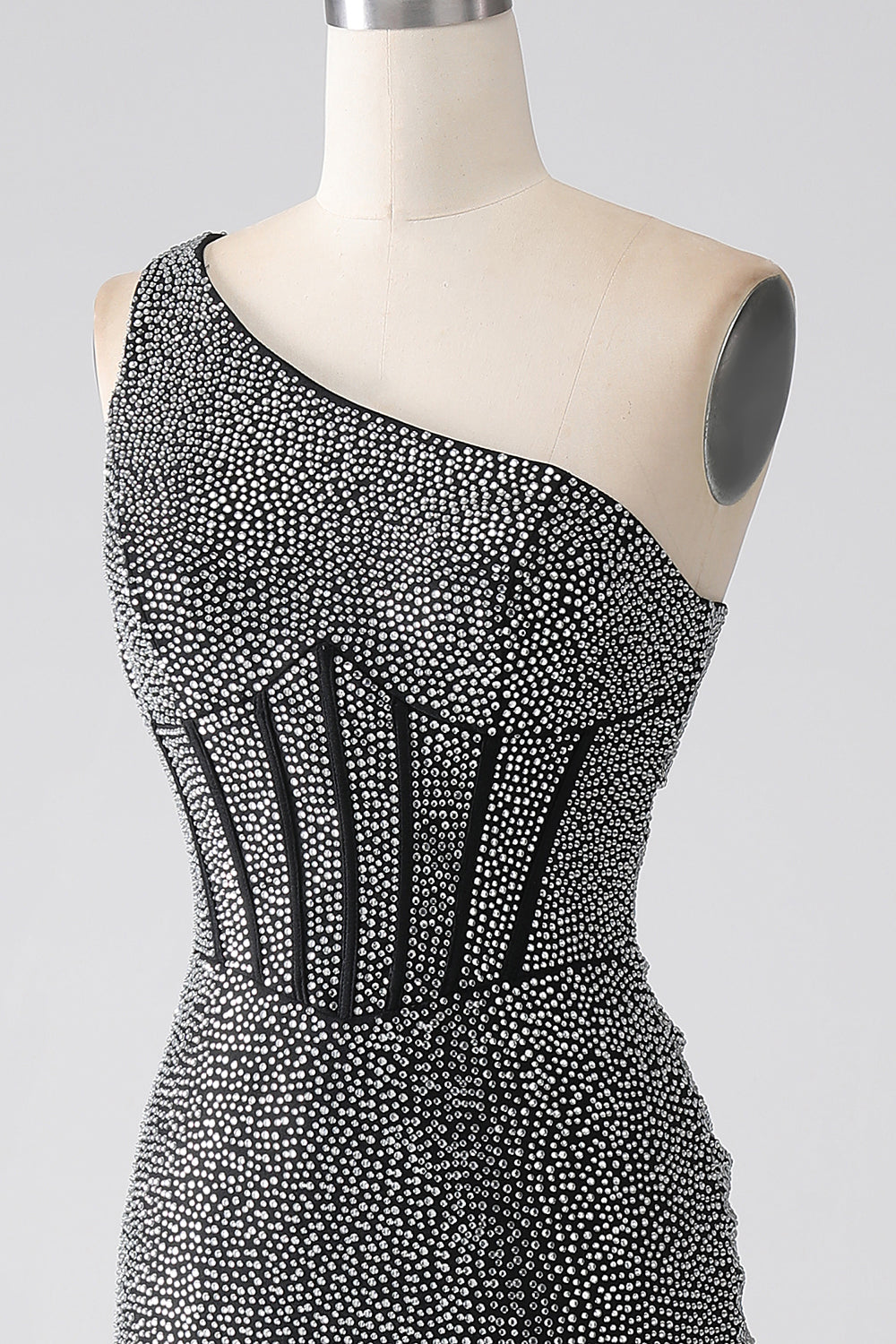 Glittrande Svart Mermaid One Shoulder Korsett Balklänning