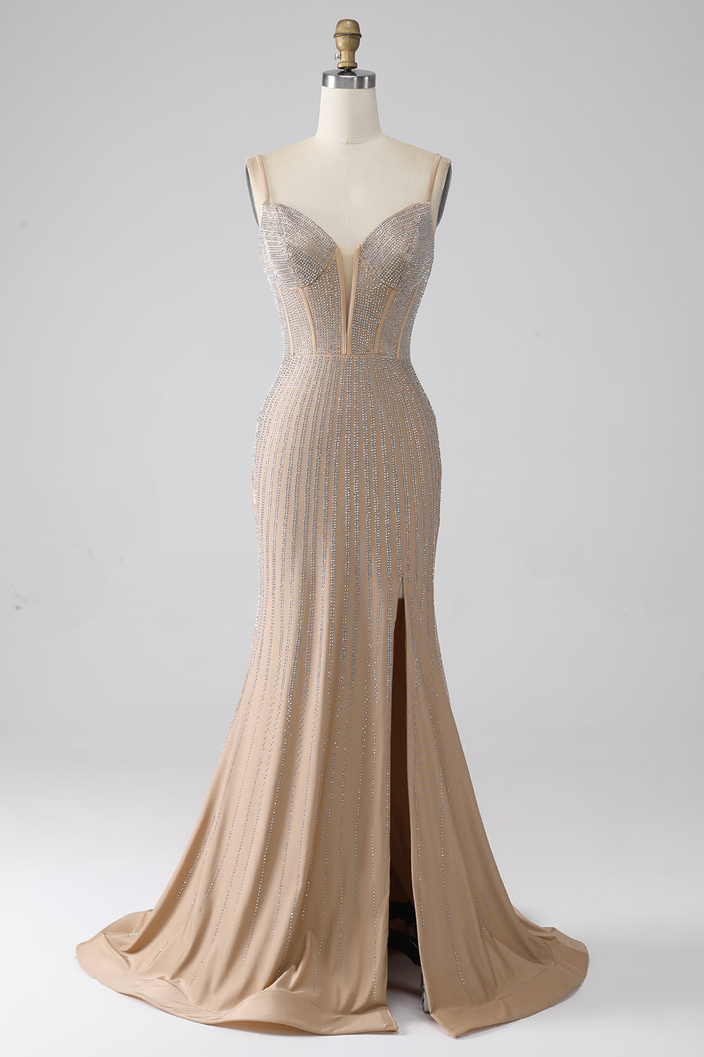Glittrande Champagne Mermaid Spaghetti Straps Lång Balklänning med slits