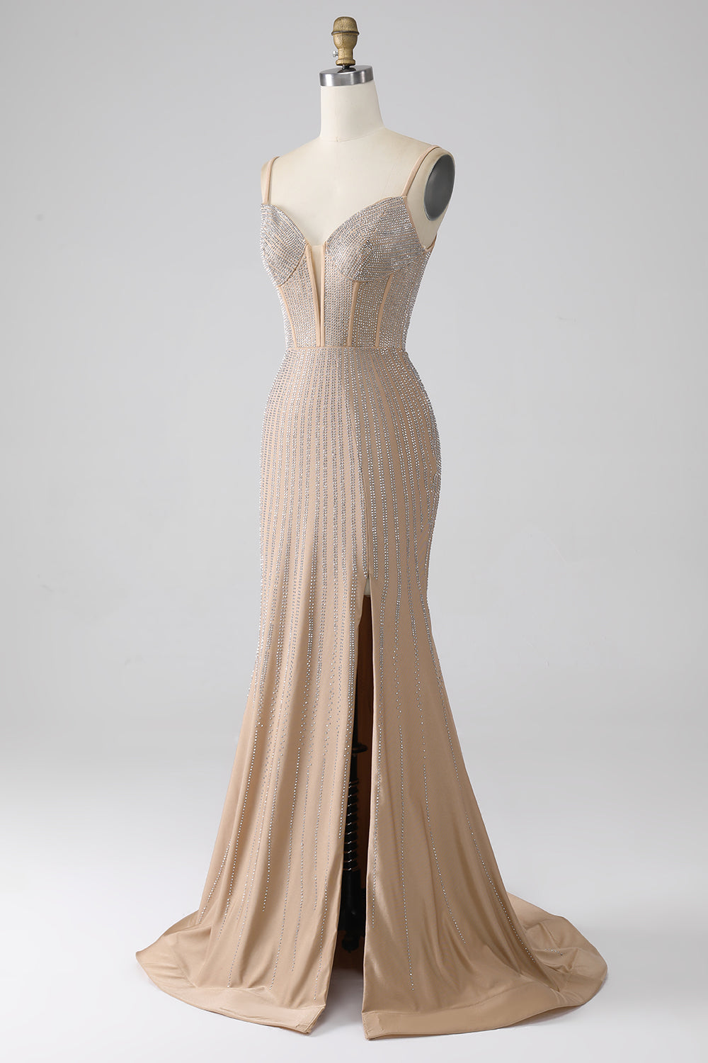 Glittrande Champagne Mermaid Spaghetti Straps Lång Balklänning med slits
