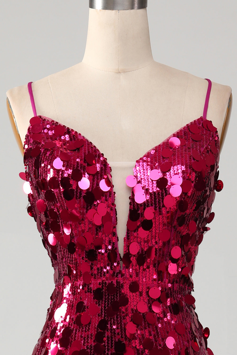 Glittrande sjöjungfru spaghetti remmar Fuchsia paljetter Lång balklänning med slits