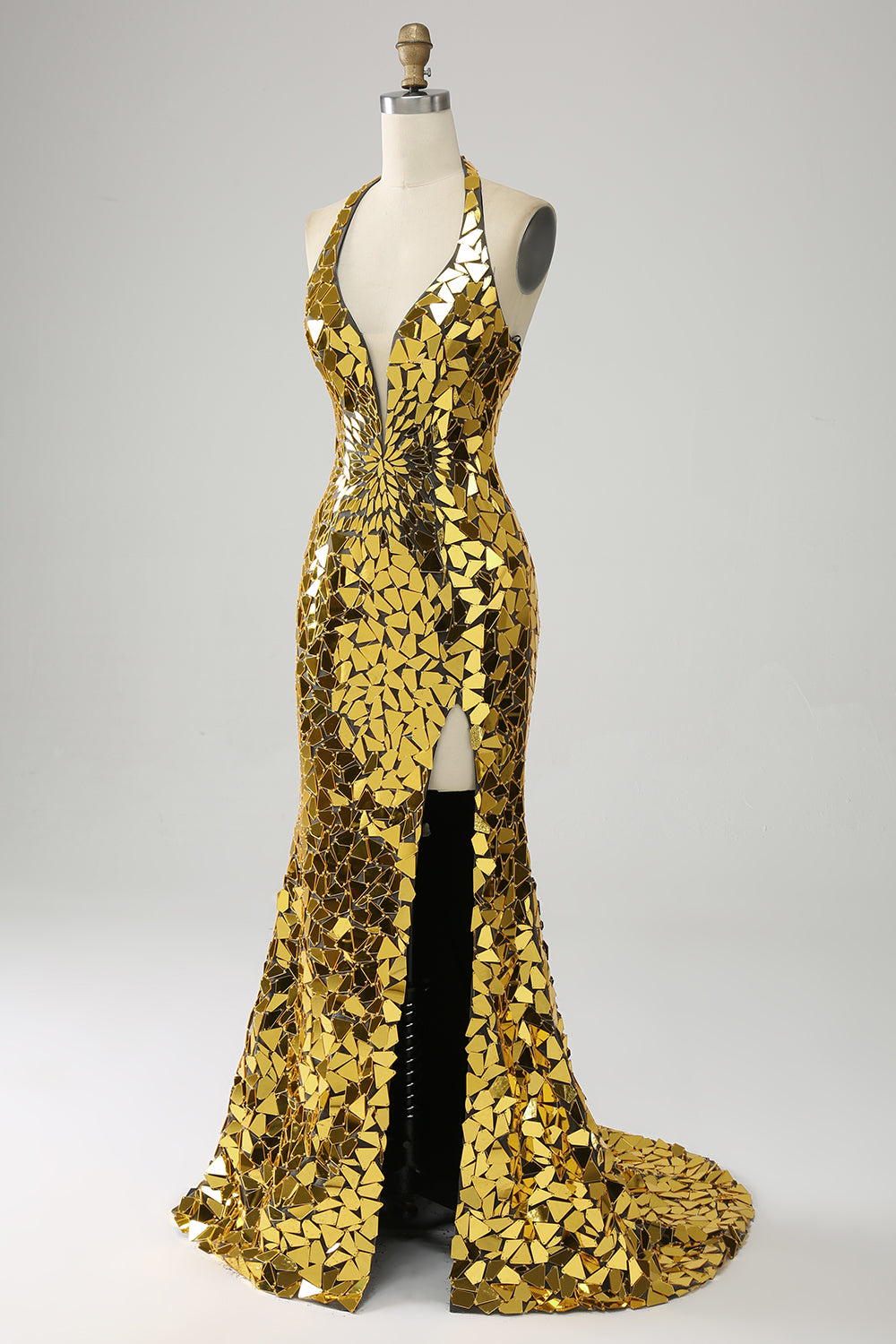 Golden Mermaid Halter Djup V-ringad Backless Spegel Balklänning Med Hög Slits