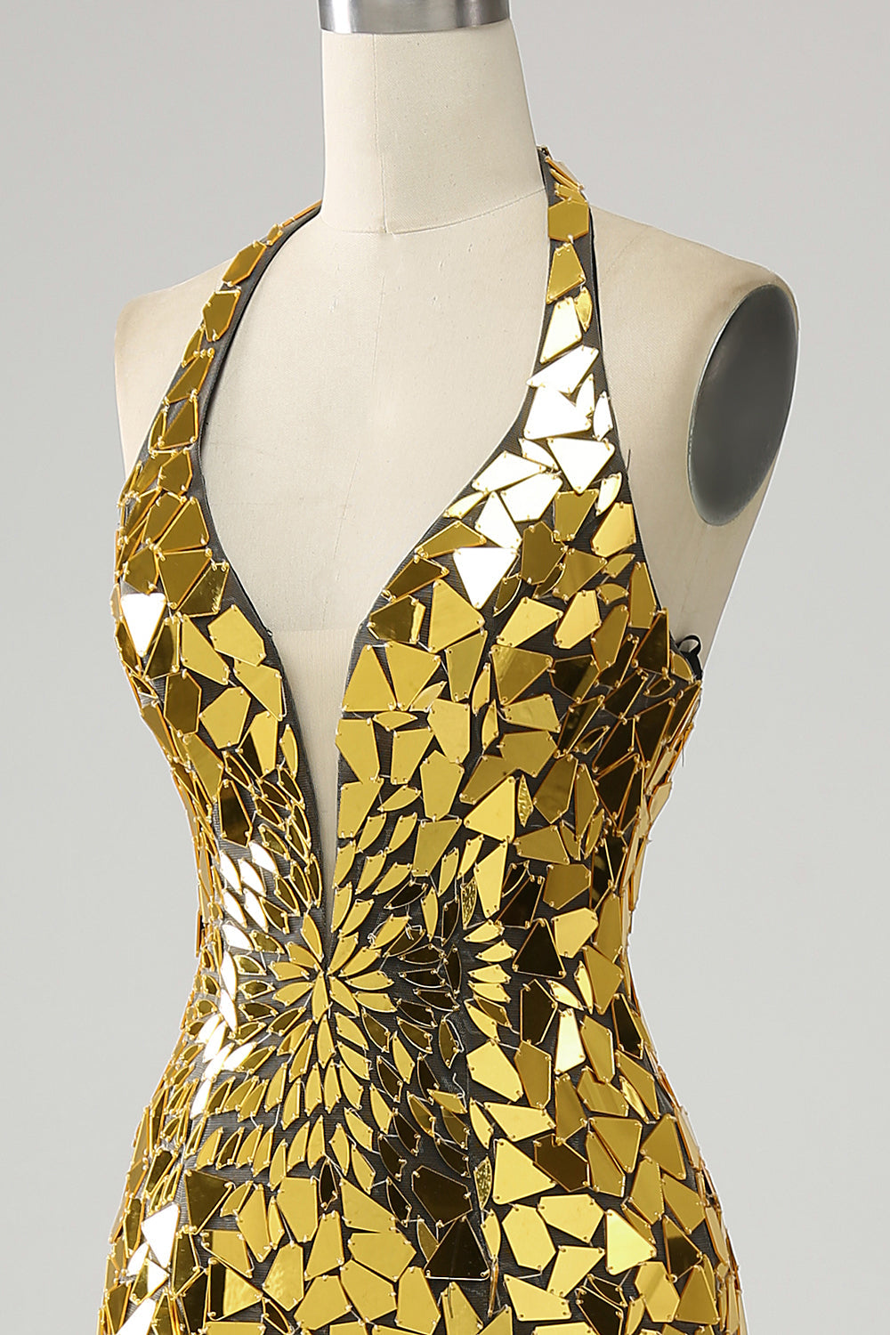 Golden Mermaid Halter Djup V-ringad Backless Spegel Balklänning Med Hög Slits