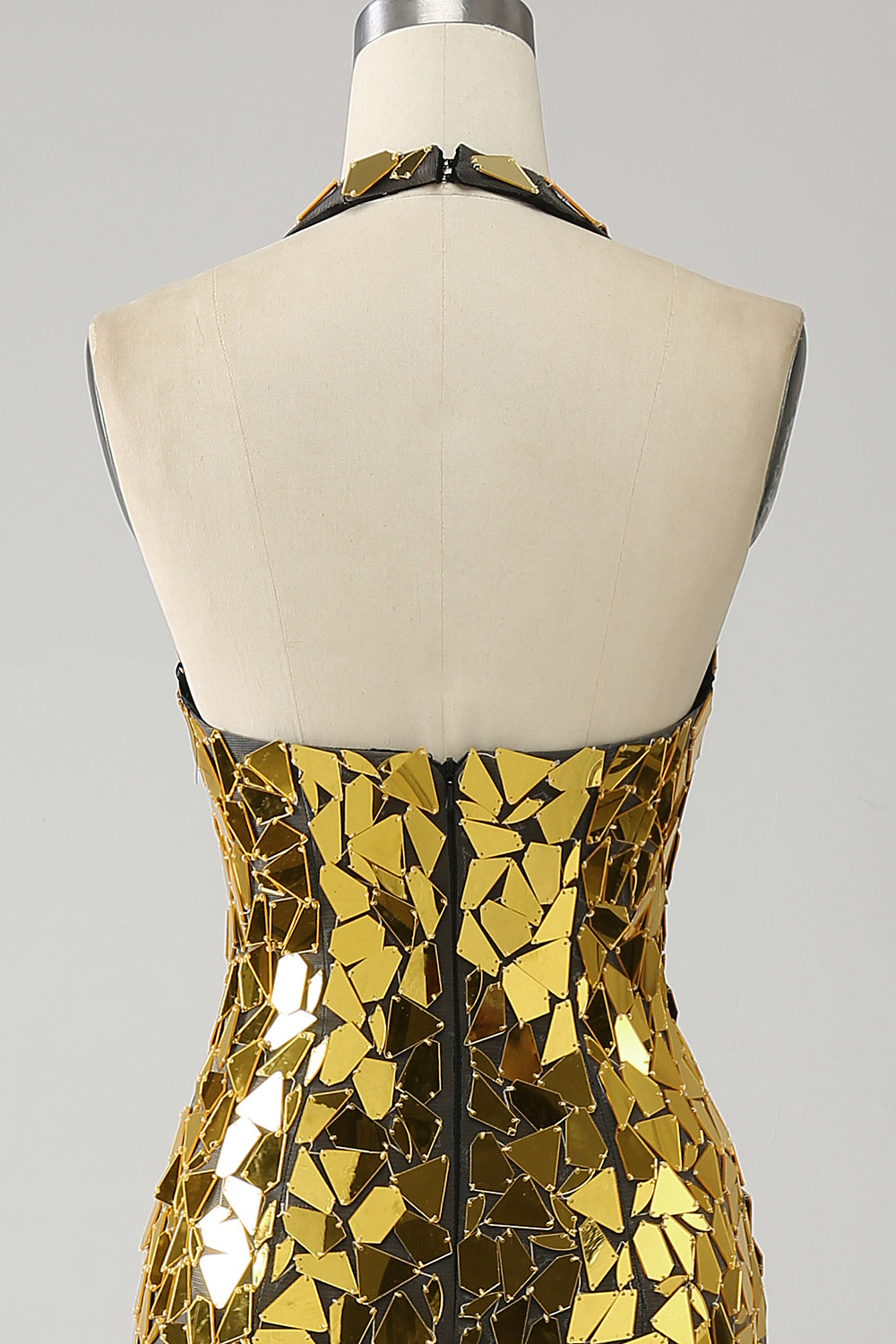 Golden Mermaid Halter Djup V-ringad Backless Spegel Balklänning Med Hög Slits