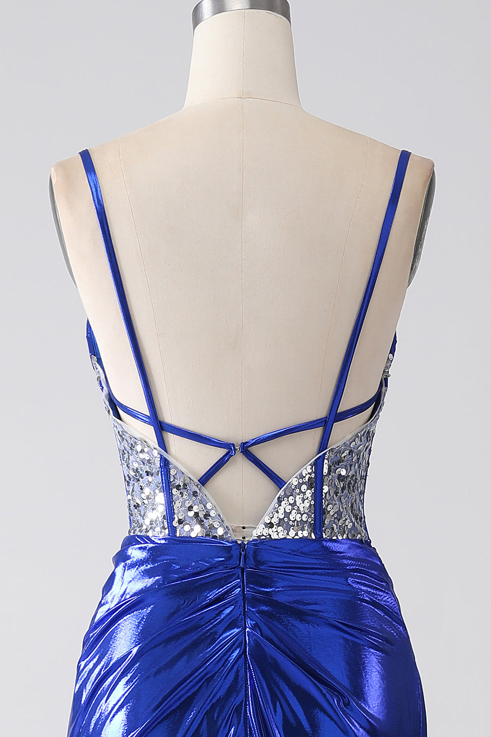 Royal Blue Mermaid Glittrande Paljett Plisserad Korsett Balklänning Med Slits