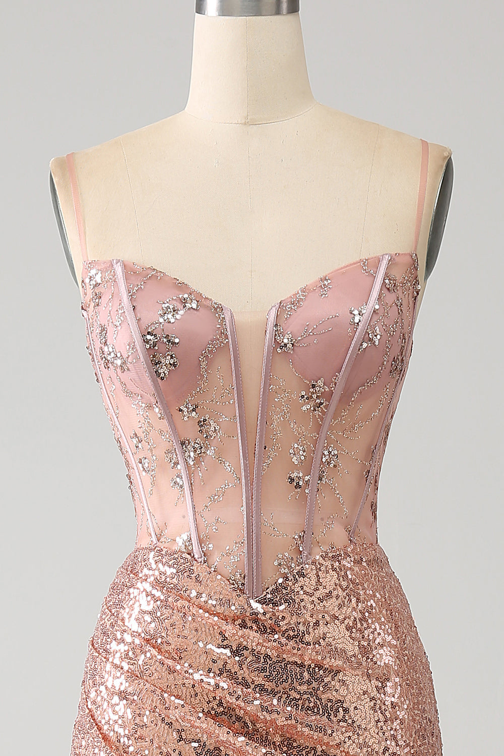 Rose Gold Mermaid pärlstav rynkad paljett korsett balklänning med sidoslits