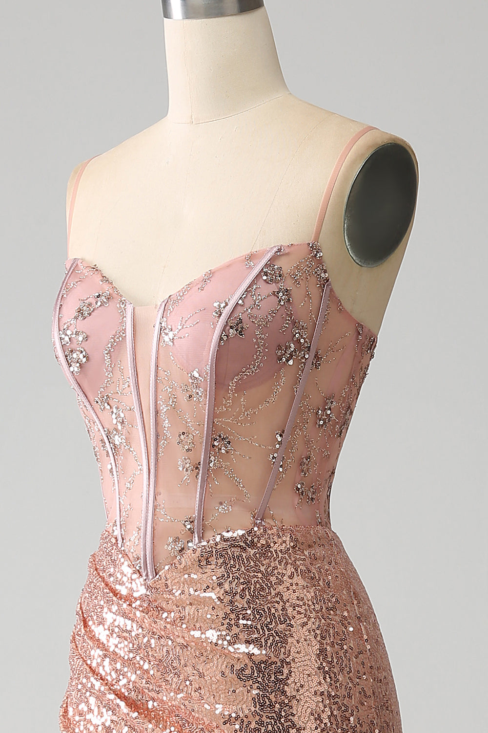 Rose Gold Mermaid pärlstav rynkad paljett korsett balklänning med sidoslits