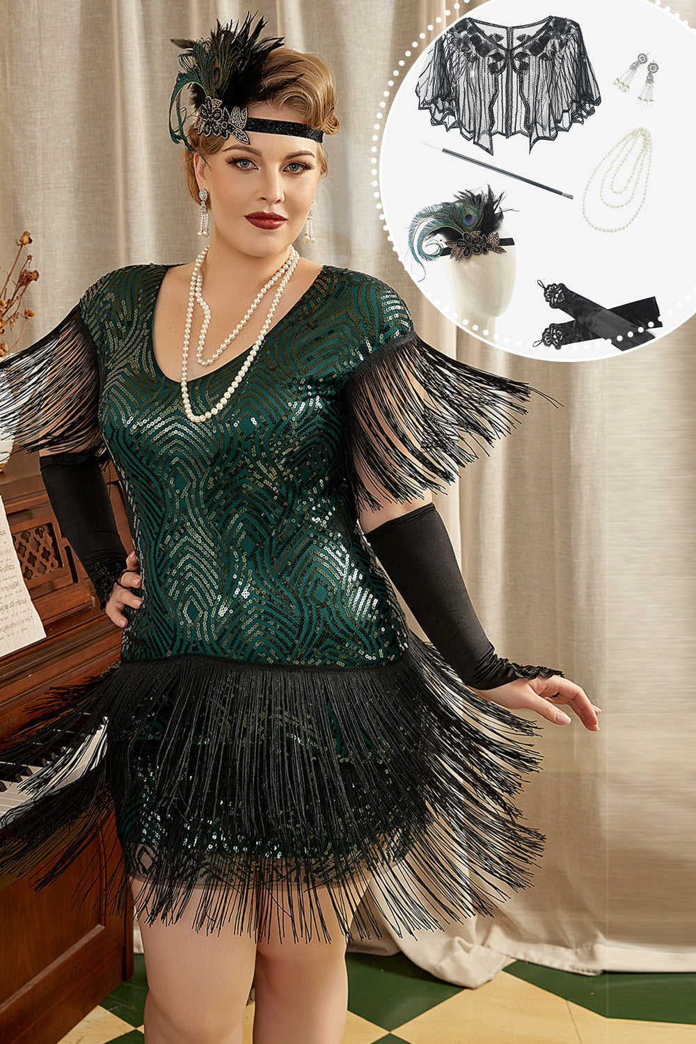 Grön Paljetter Fransar Plus Size 1920-Tals Gatsby Klänning med 20-Tals Tillbehör Set
