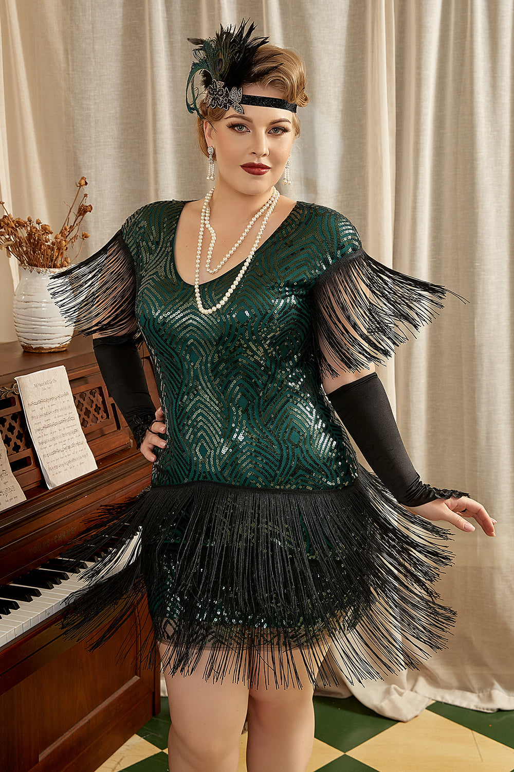 Grön Paljetter Fransar Plus Size 1920-Tals Gatsby Klänning med 20-Tals Tillbehör Set