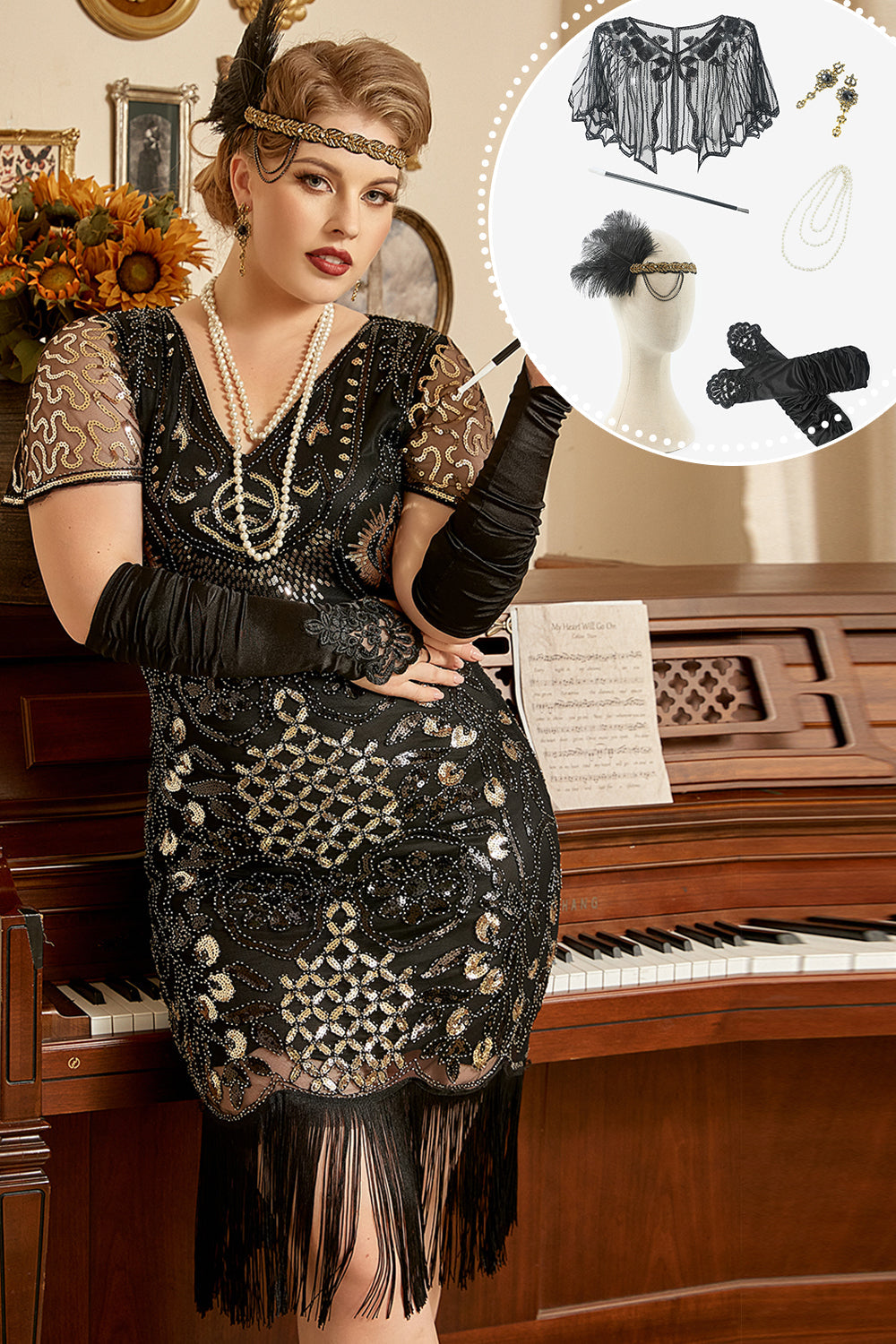 Svarta Paljetter Fransar 1920-Talets Plus Size Flapper Klänning Med 20-Tals Tillbehörsset