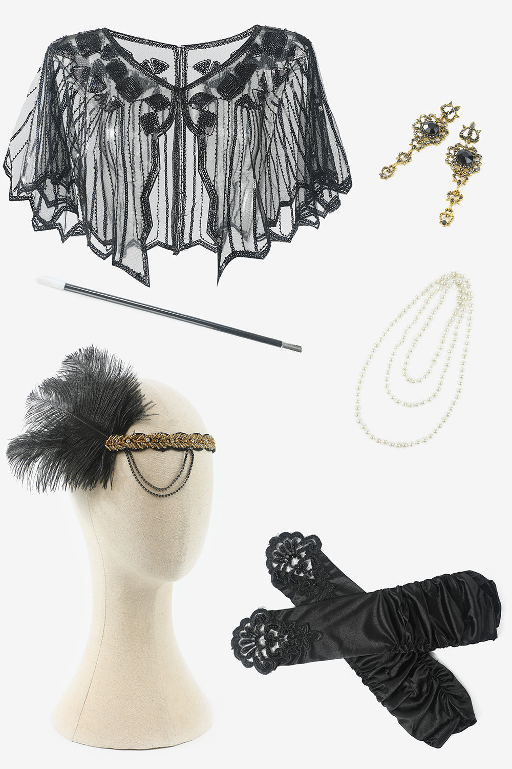 Svarta Paljetter Fransar 1920-Talets Plus Size Flapper Klänning Med 20-Tals Tillbehörsset