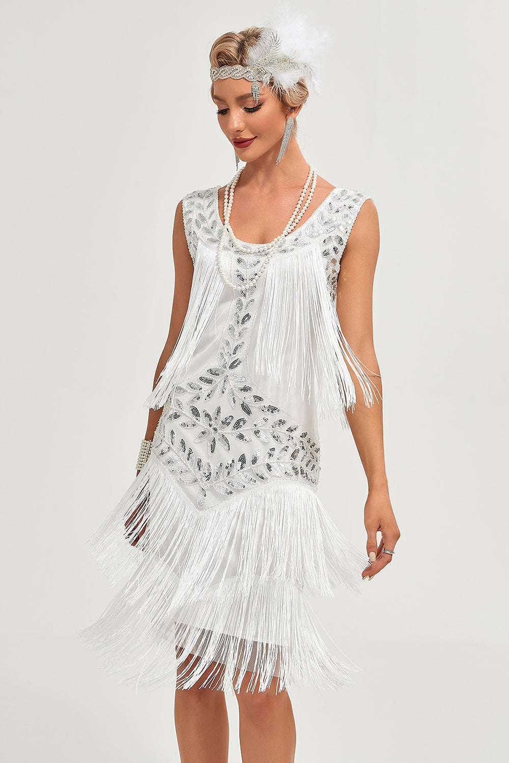 Vita Paljetter Fransar Flapper Klänning med Accessoarer Set