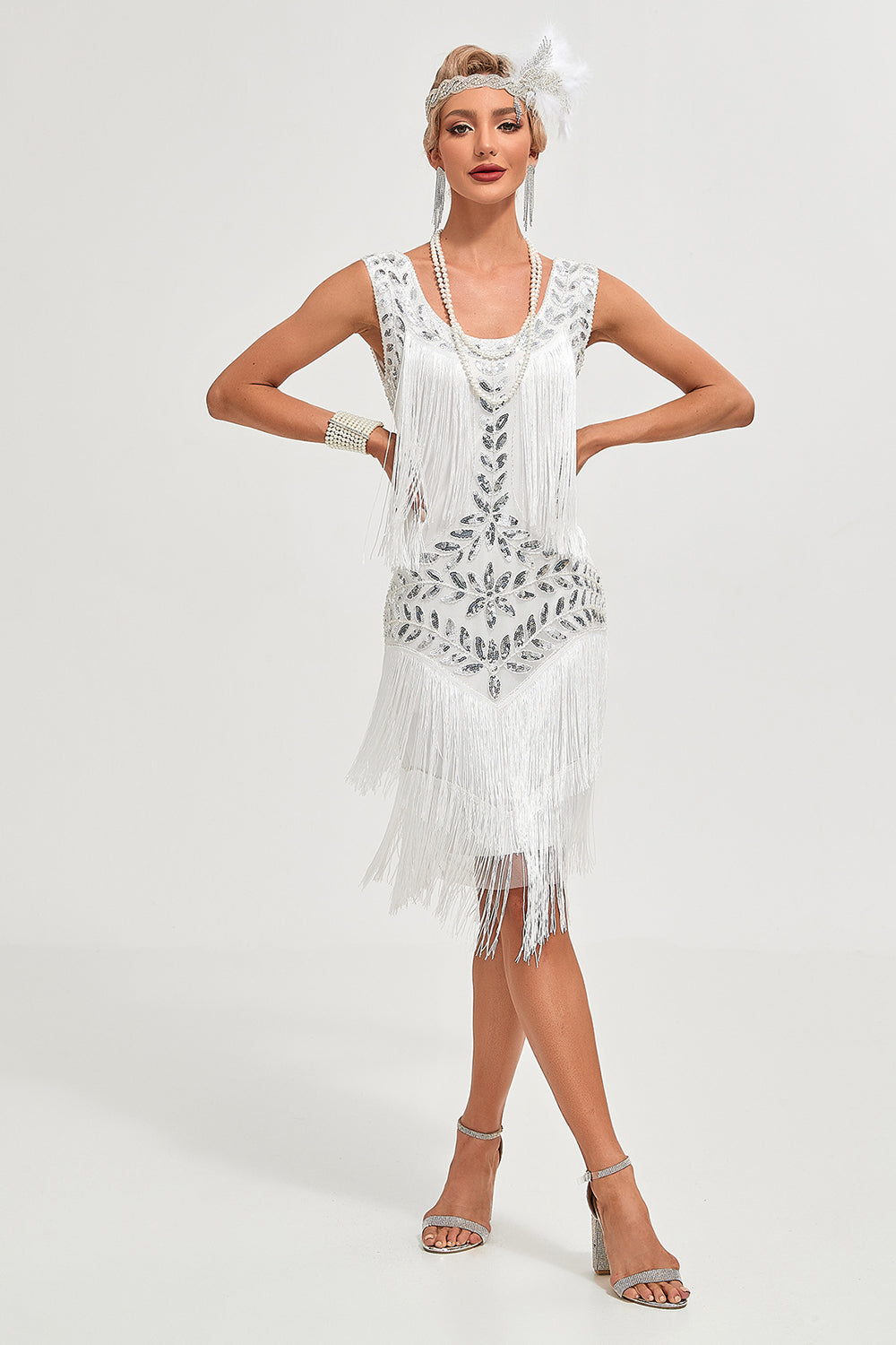 Vita Paljetter Fransar Flapper Klänning med Accessoarer Set