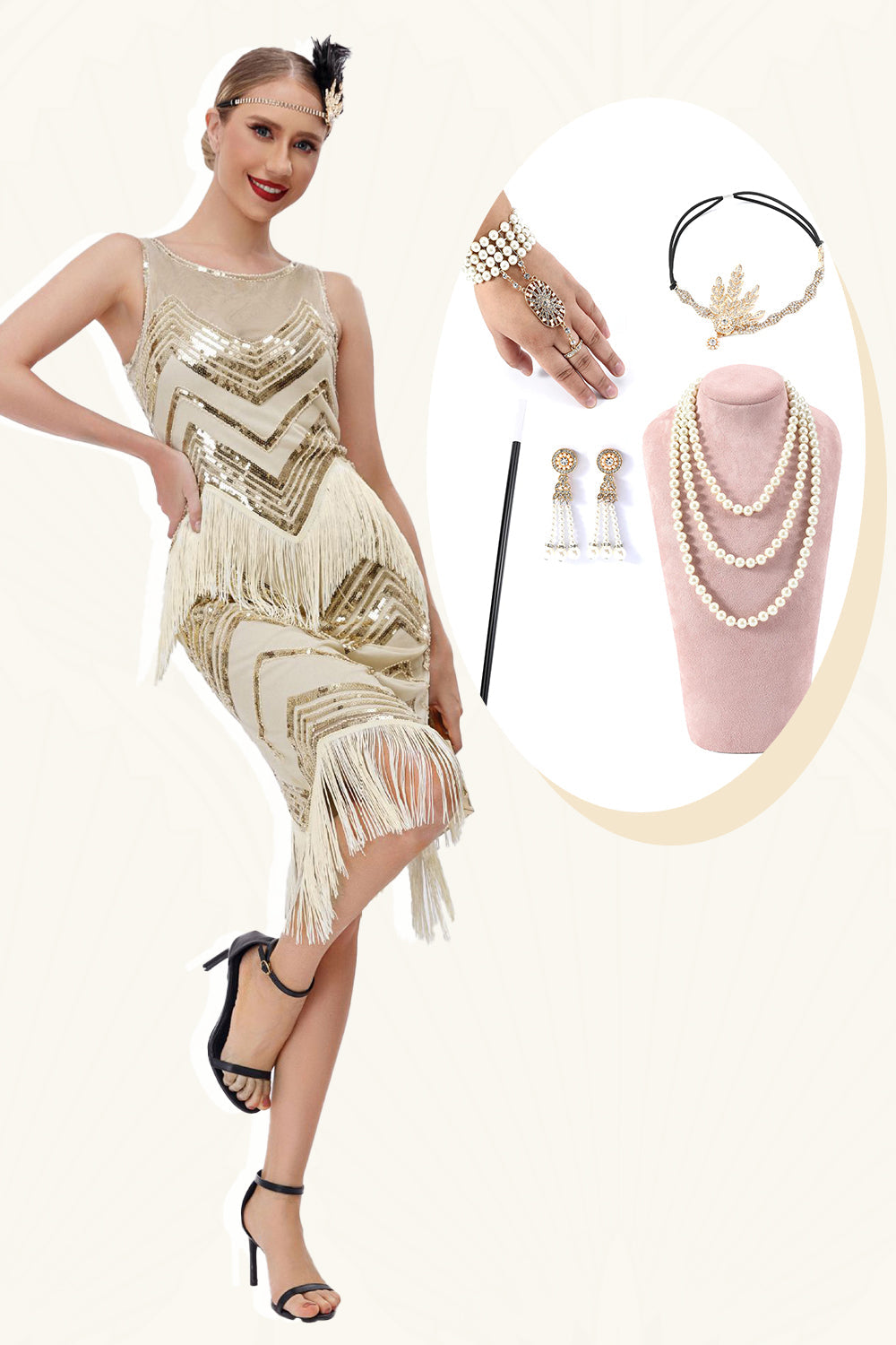 Champagne Glitter Fransar Gatsby Klänning med Accessoarer Set