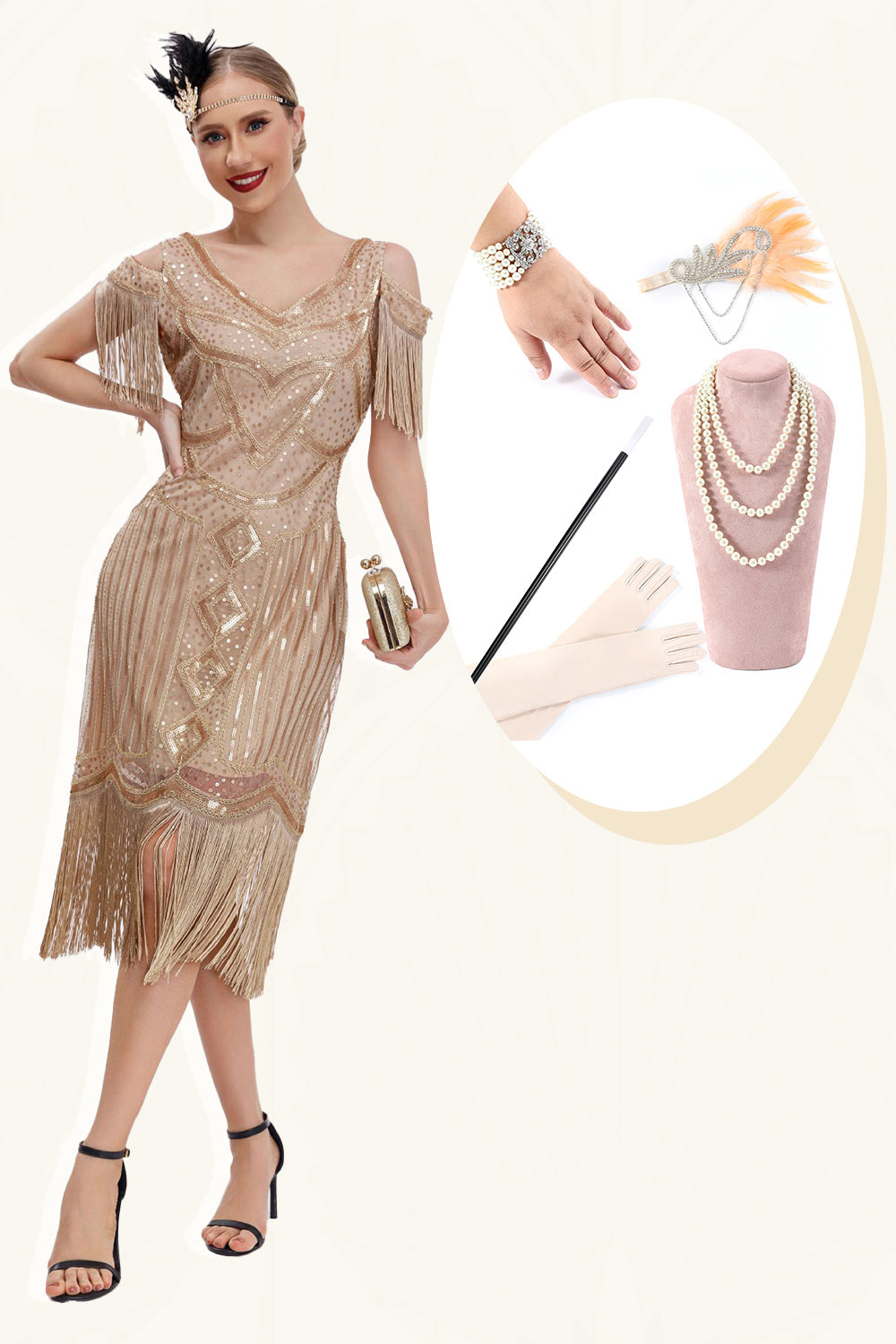 Champagne Cold Shoulder Fringes 1920-talet Gatsby Klänning med 20-tals Accessoarer Set
