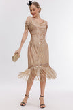 Champagne Cold Shoulder Fringes 1920-talet Gatsby Klänning med 20-tals Accessoarer Set