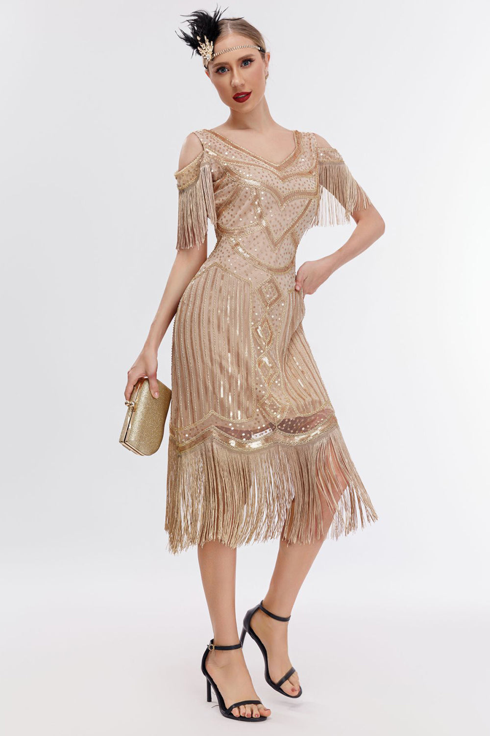 Champagne Cold Shoulder Fringes 1920-talet Gatsby Klänning med 20-tals Accessoarer Set