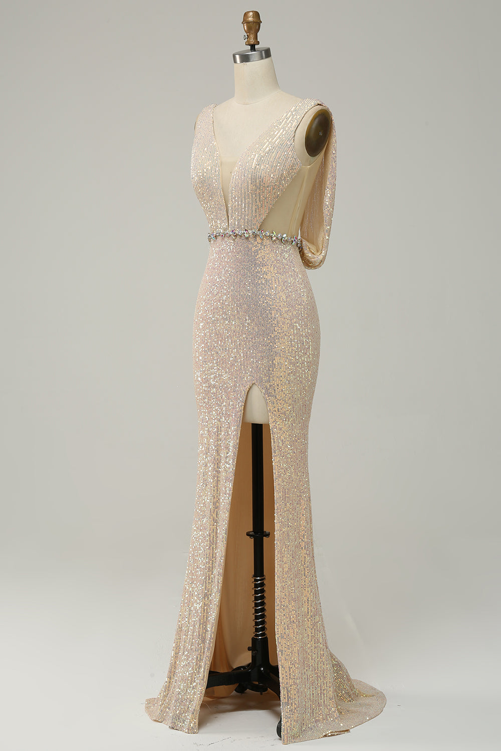 Sheath Deep V Neck Champagne Paljetter Lång balklänning med delad front