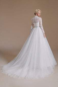 Vit A-Line Höghalsad Långärmad Bröllopsklänning med spets