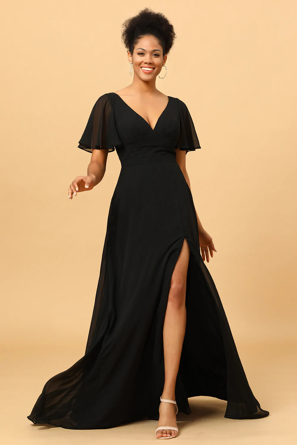 Svarta Batwing ärmar Lång Chiffong Bridesmaid Klänning