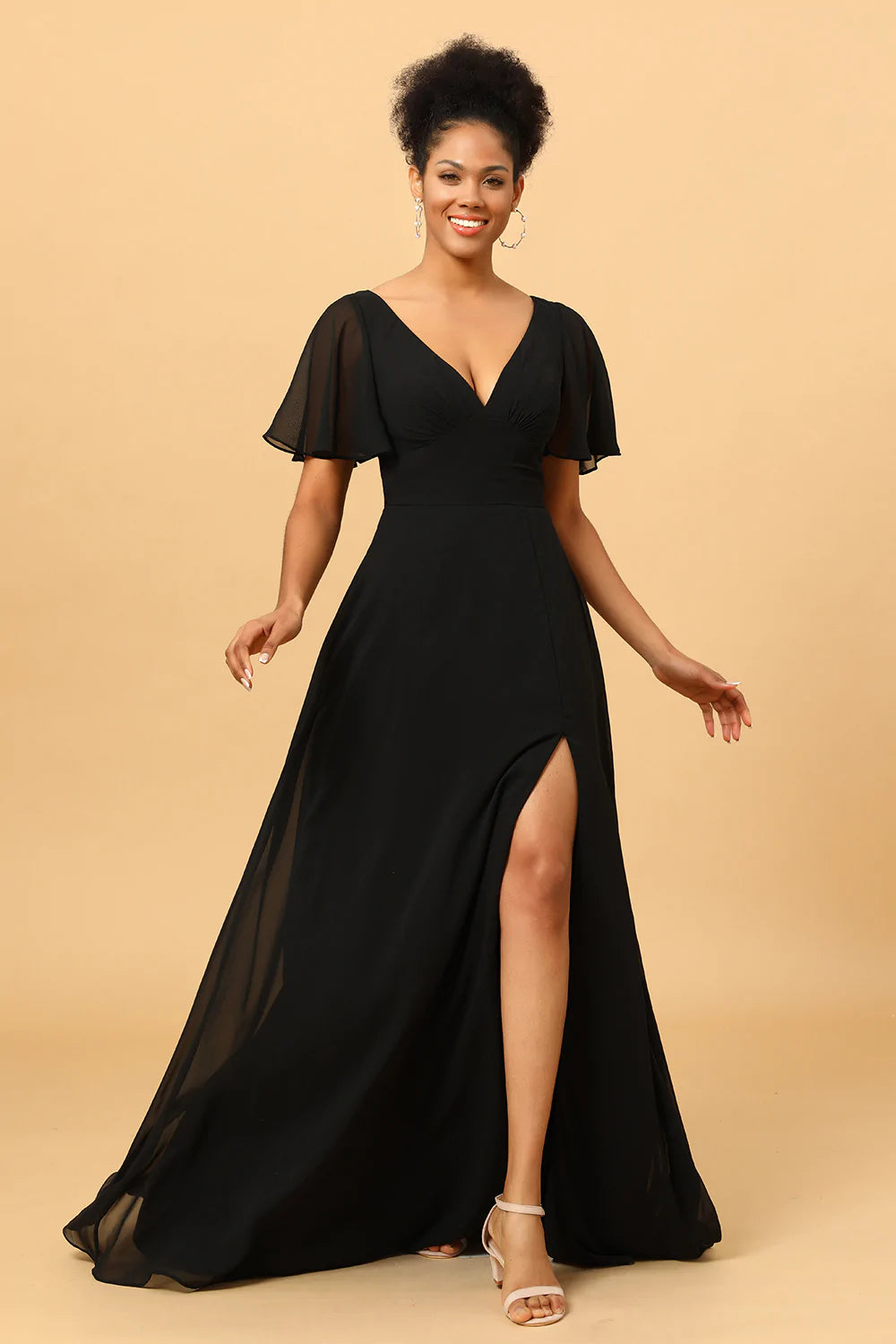 Svarta Batwing ärmar Lång Chiffong Bridesmaid Klänning