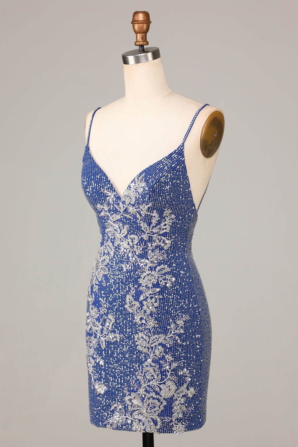Sparkle 'til Dawn Slida Spaghetti Straps Mörkblå Kort Homecoming Klänning med broderi