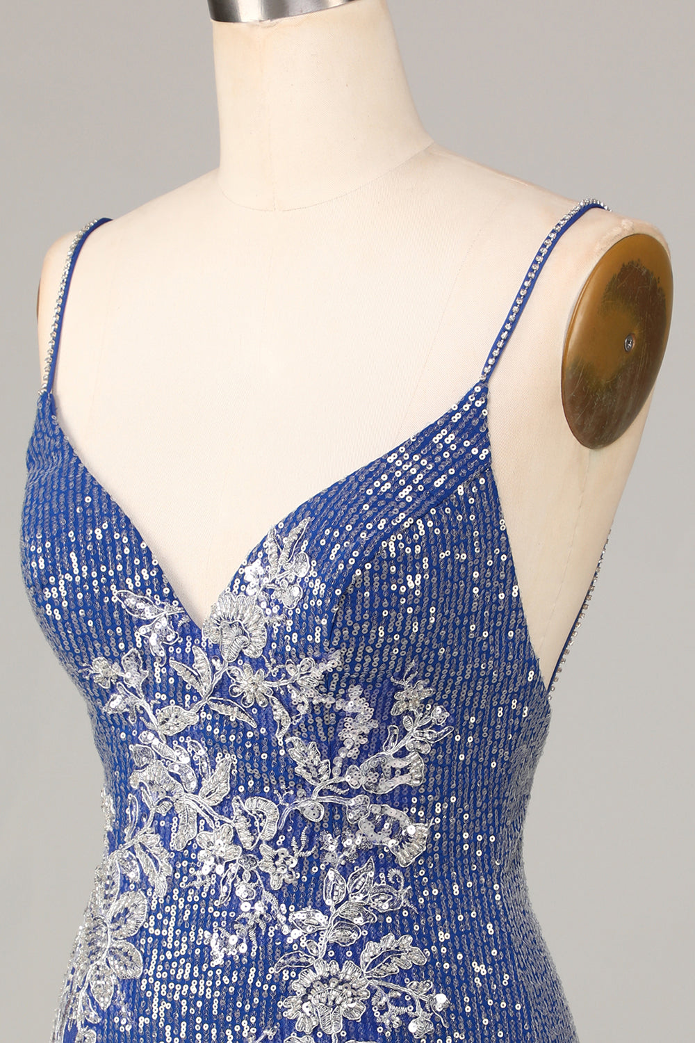 Sparkle 'til Dawn Slida Spaghetti Straps Mörkblå Kort Homecoming Klänning med broderi