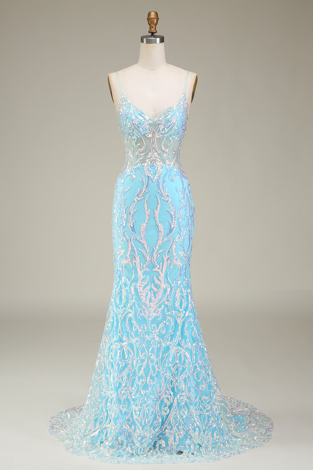 Blå Spaghetti Straps Glittrande Mermaid Balklänning