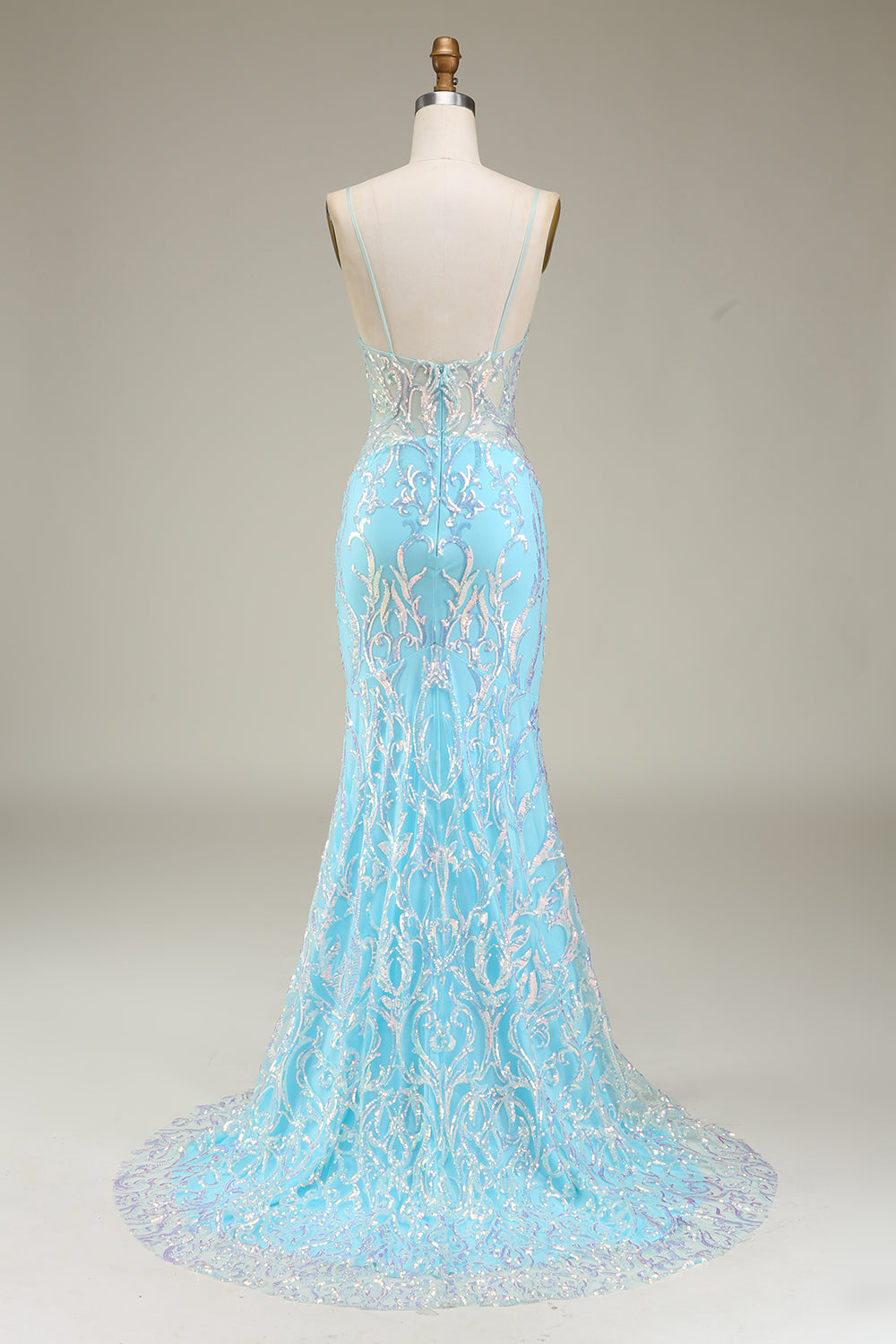 Blå Spaghetti Straps Glittrande Mermaid Balklänning