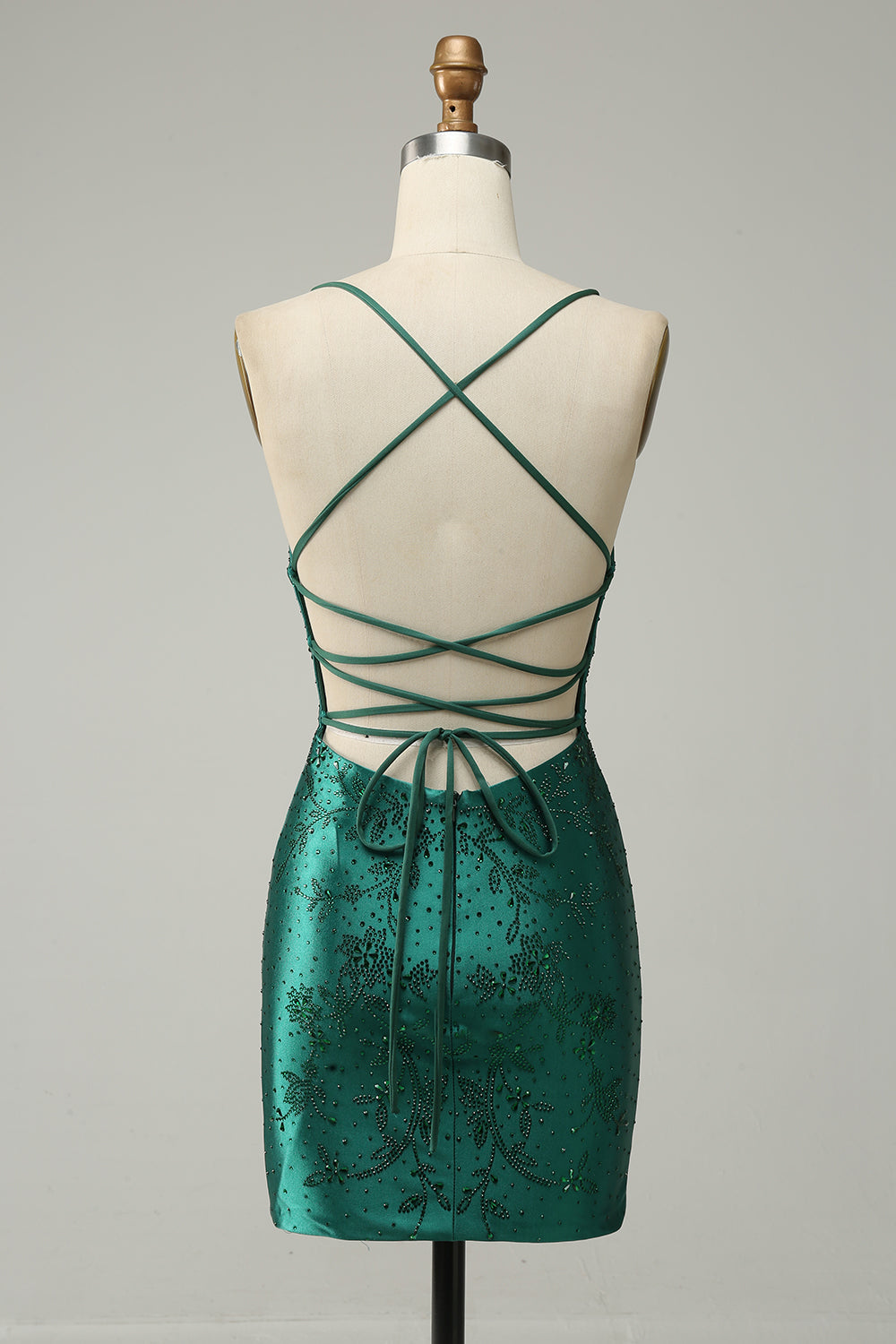 Mörkgrön Pärlad Bodycon Kort Balklänning Med Criss Cross Back