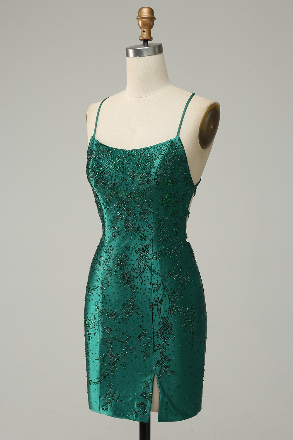 Mörkgrön Pärlad Bodycon Kort Balklänning Med Criss Cross Back