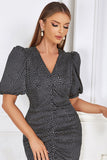 Svart Bodycon V-ringad Polka Dot Rynkad Formell Klänning med Puffärmar
