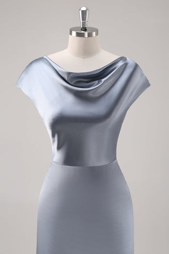 Gråblå Satin Cowl Collar Bridesmaid Klänning med Cape Ärmar