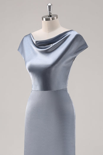 Gråblå Satin Cowl Collar Bridesmaid Klänning med Cape Ärmar