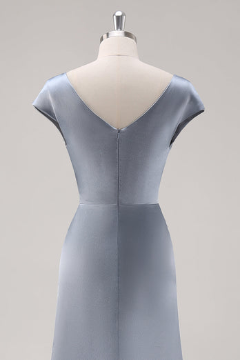 Gråblå Satin Cowl Collar Bridesmaid Klänning med Cape Ärmar