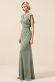Chiffong V-ringad Lång Eucalyptus Bridesmaid Klänning Med Slits