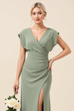 Chiffong V-ringad Lång Eucalyptus Bridesmaid Klänning Med Slits