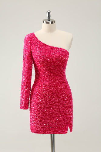 Hot Pink One Shoulder Glitter Paljetter Homecoming Klänning med slits