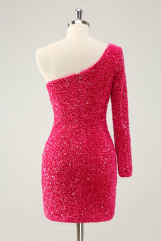 Hot Pink One Shoulder Glitter Paljetter Homecoming Klänning med slits