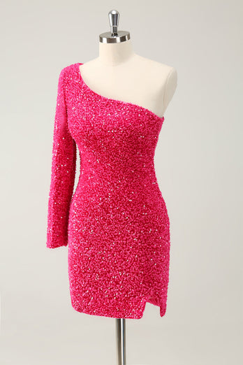 Hot Pink One Shoulder Glitter Paljetter Homecoming Klänning med slits