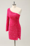 Hot Pink One Shoulder Glitter Paljetter Homecoming Klänning med slits