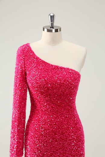 Hot Pink One Shoulder Glitter Paljetter Homecoming Klänning med slits