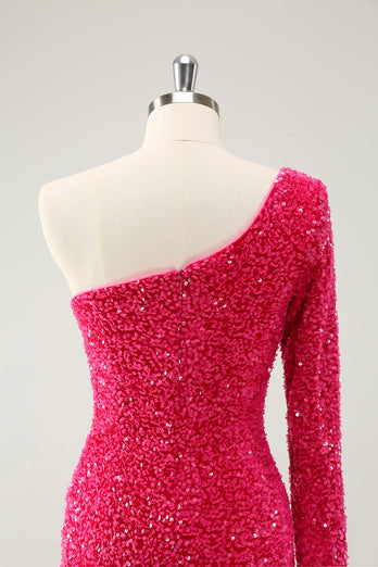 Hot Pink One Shoulder Glitter Paljetter Homecoming Klänning med slits