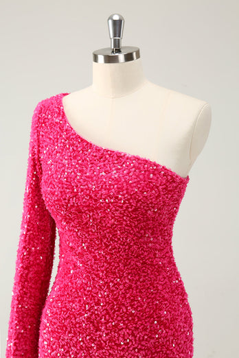 Hot Pink One Shoulder Glitter Paljetter Homecoming Klänning med slits