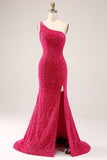 Glittrande Fuchsia Mermaid One Shoulder Lång Paljett Balklänning med slits