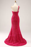 Glittrande Fuchsia Mermaid One Shoulder Lång Paljett Balklänning med slits