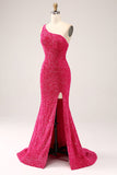 Glittrande Fuchsia Mermaid One Shoulder Lång Paljett Balklänning med slits