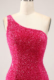 Glittrande Fuchsia Mermaid One Shoulder Lång Paljett Balklänning med slits